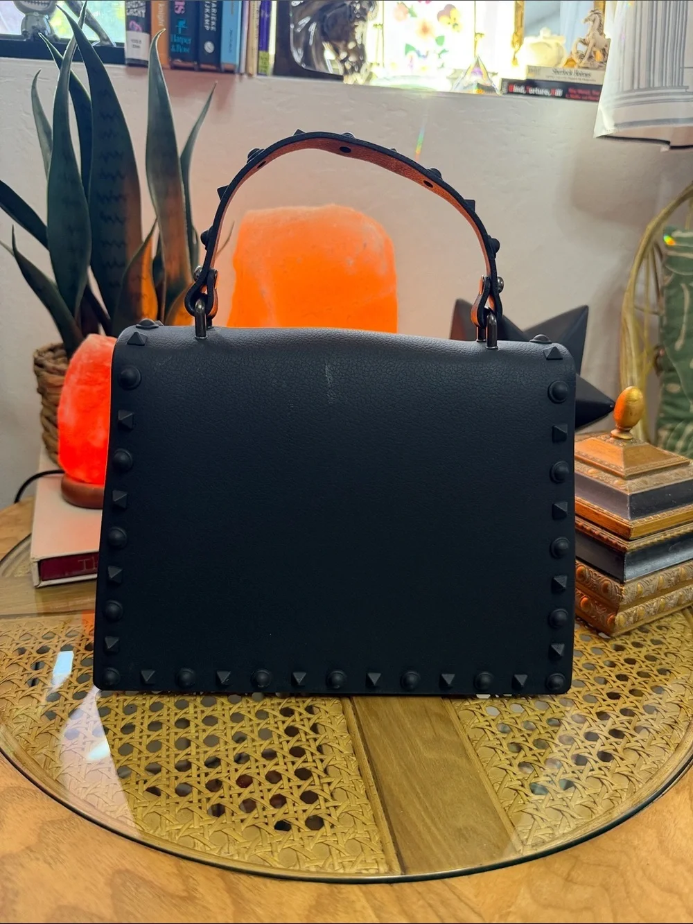 Black Studded Rubber Satchel Goth Punk Rockstud Top Handle Bag